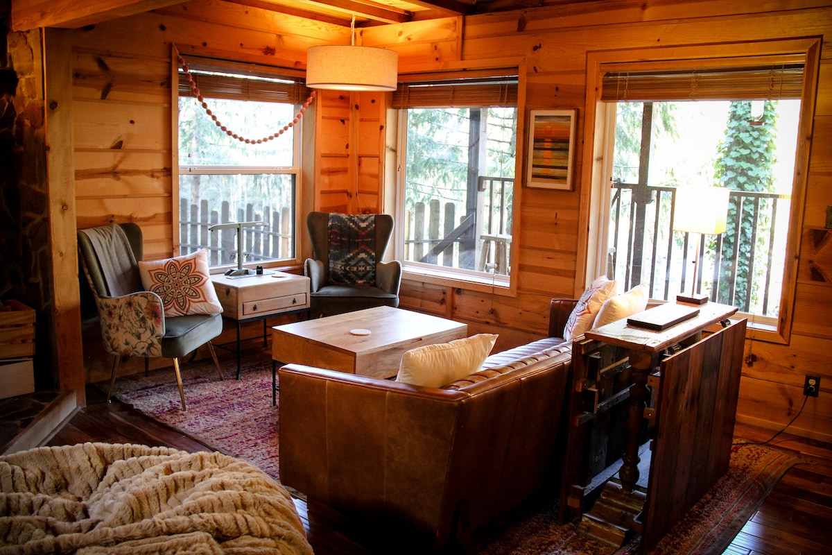 Wood-lined living room with windows overlooking the river