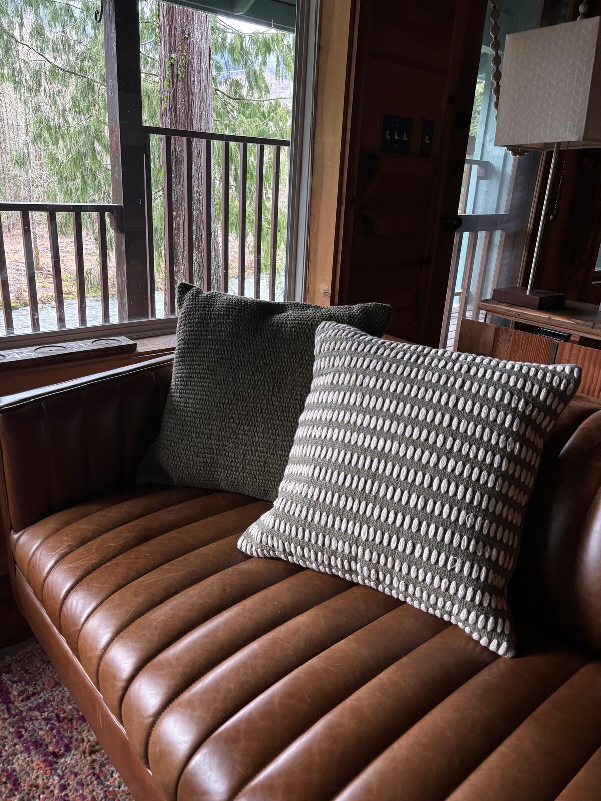 A quiet leather bench beside the cabin window